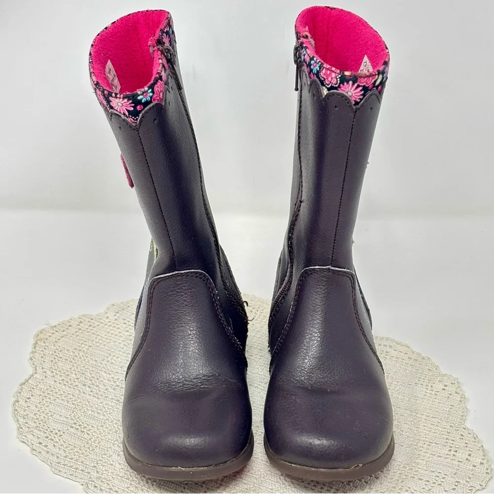 Pediped Kenadi Boot Brown Leather Floral Appliqué Rubber Soles Toddler Girl 10